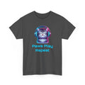 a cat with headphones on, neon pink and blue colors, with the text 'paws, play, repeat'
