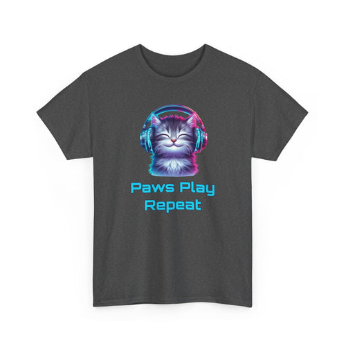 a cat with headphones on, neon pink and blue colors, with the text 'paws, play, repeat'