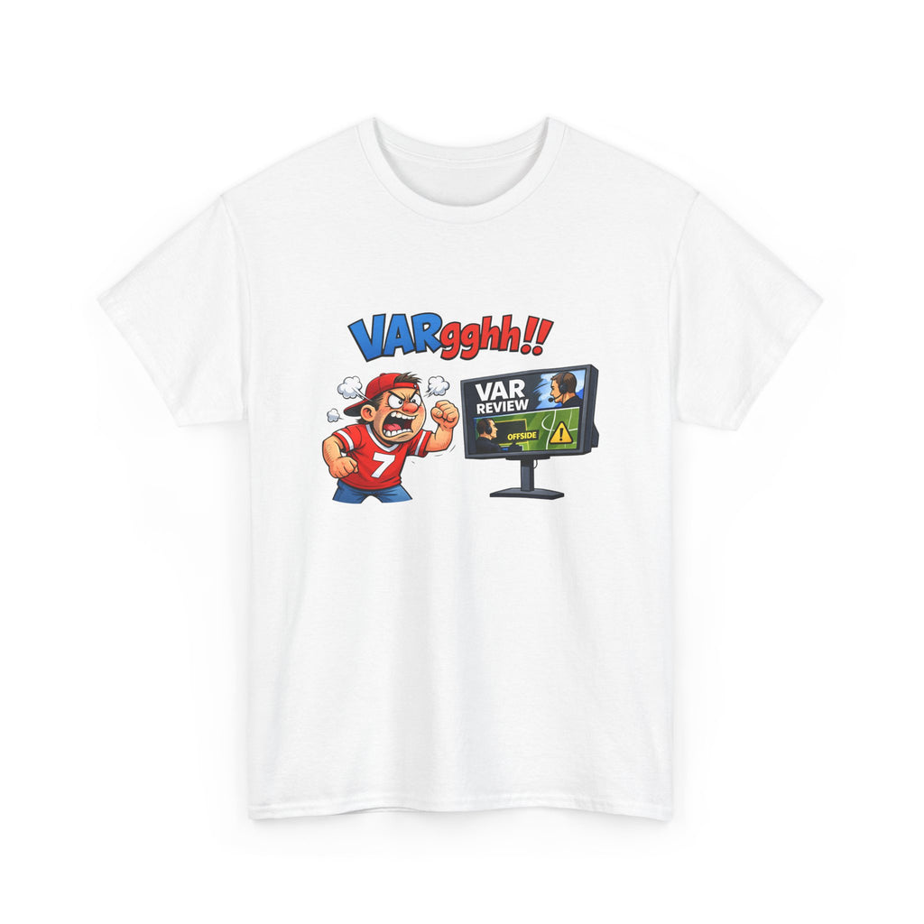 White sports t-shirt with cartoon character and 'VARgghh!!' text on a white background