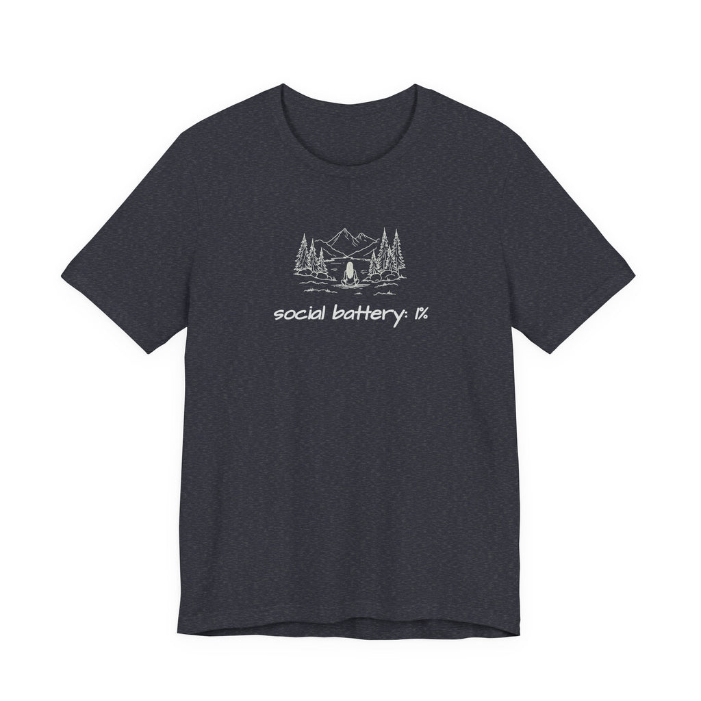 Social Battery Low T-Shirt — Minimal Camping Nature Graphic Introvert Tee