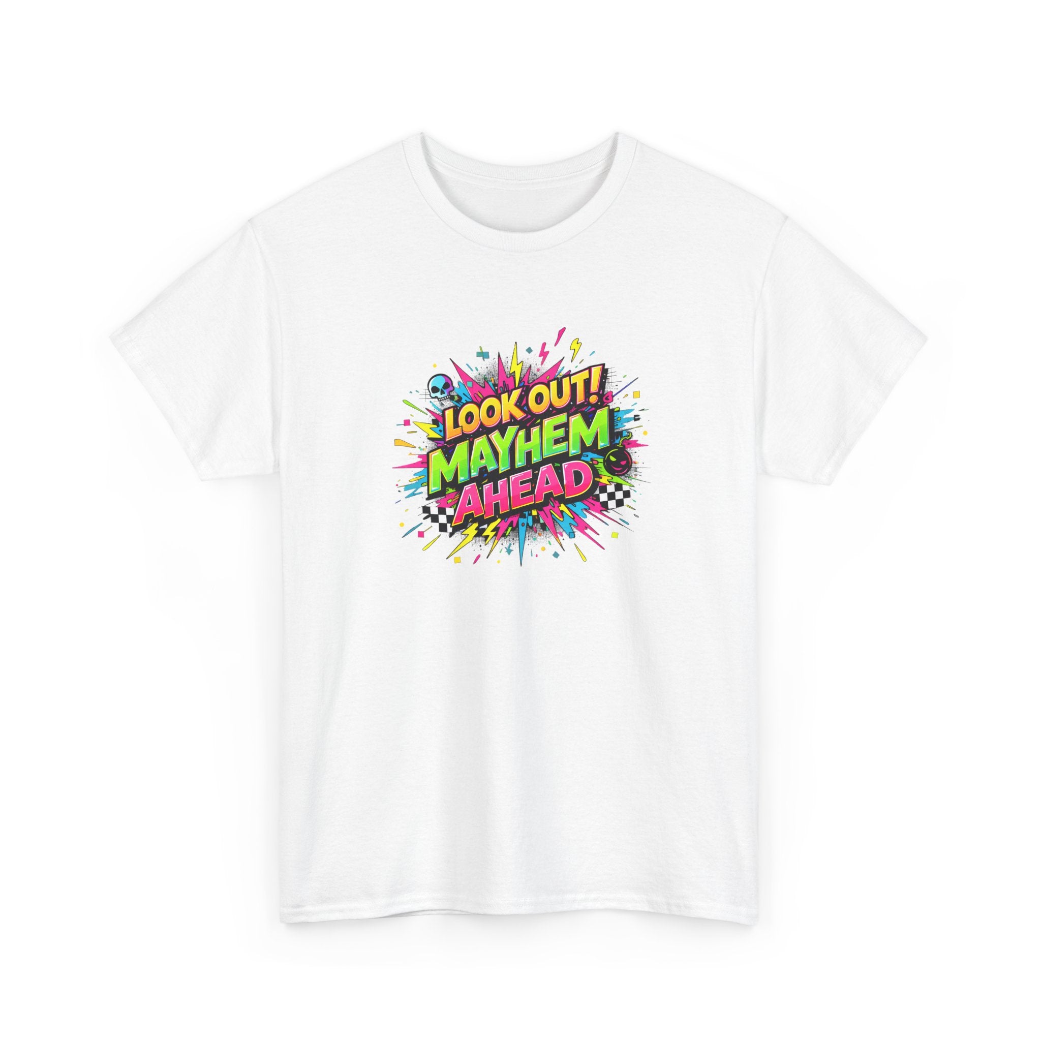 colorful 'Look Out! Mayhem Ahead' text design in graffiti explosion style