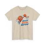 Beige t-shirt with a cartoon basketball character and 'Sweat Swish Repeat' text on a white background