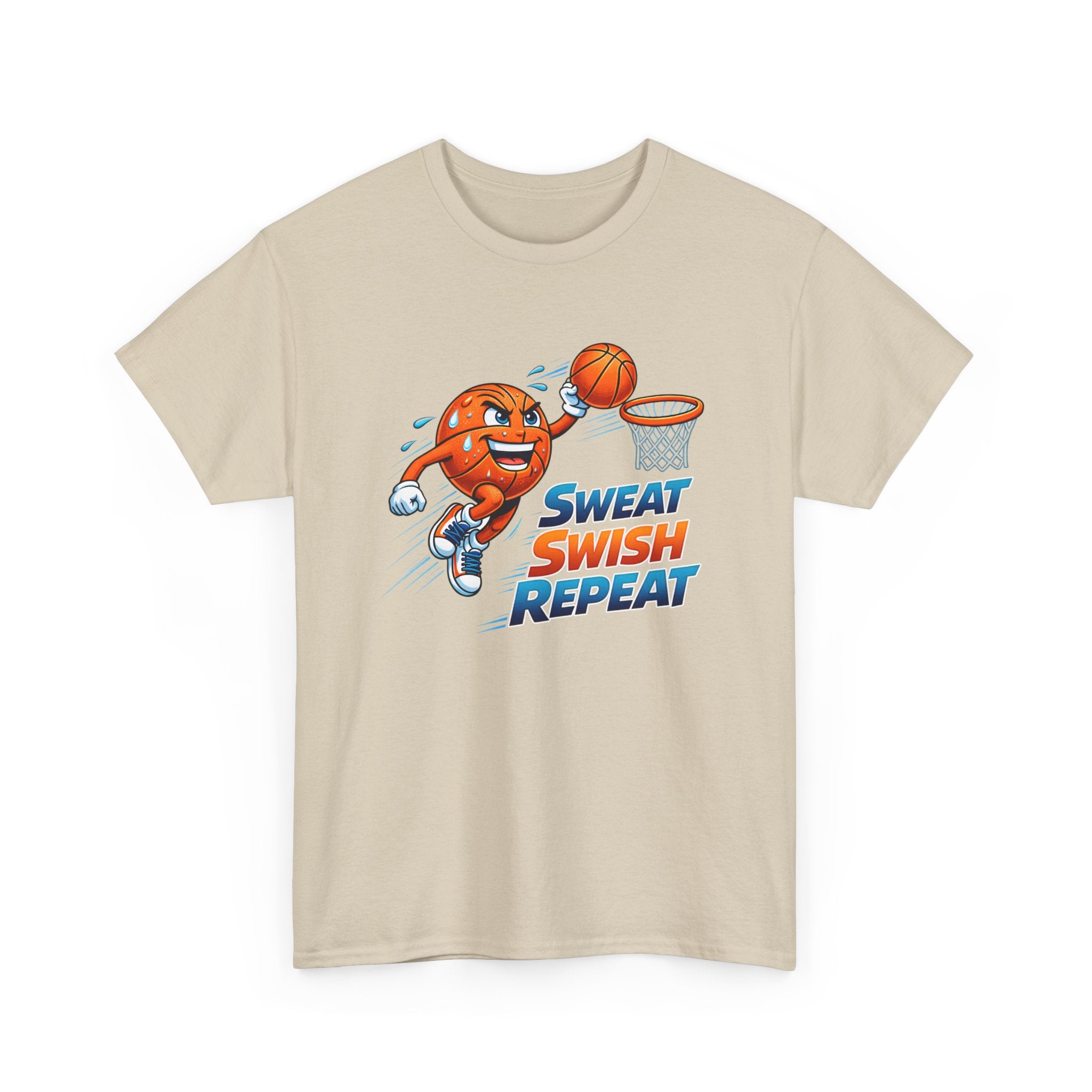 Beige t-shirt with a cartoon basketball character and 'Sweat Swish Repeat' text on a white background