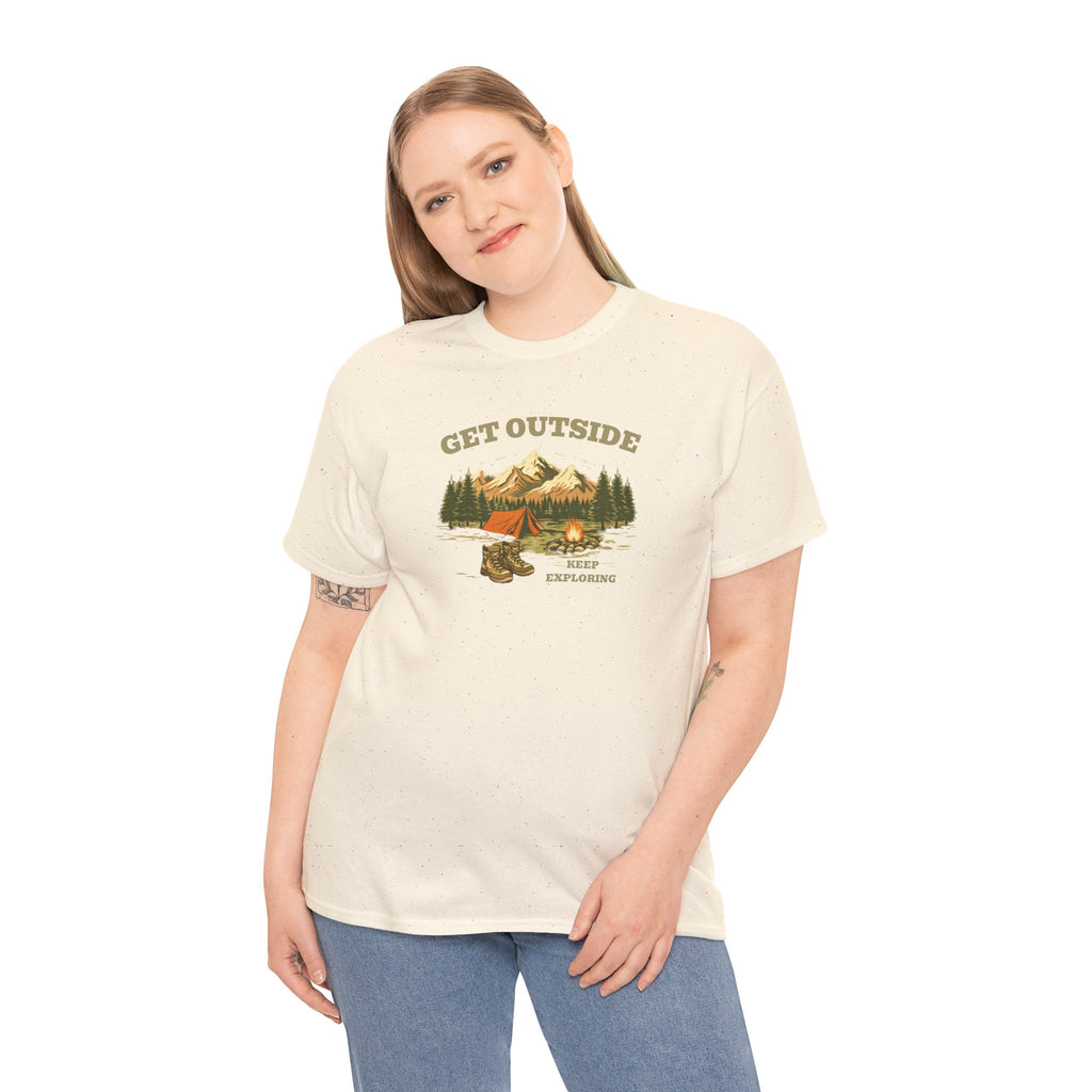 Get Outside Camping T-Shirt — Retro Mountain Tent & Campfire Tee