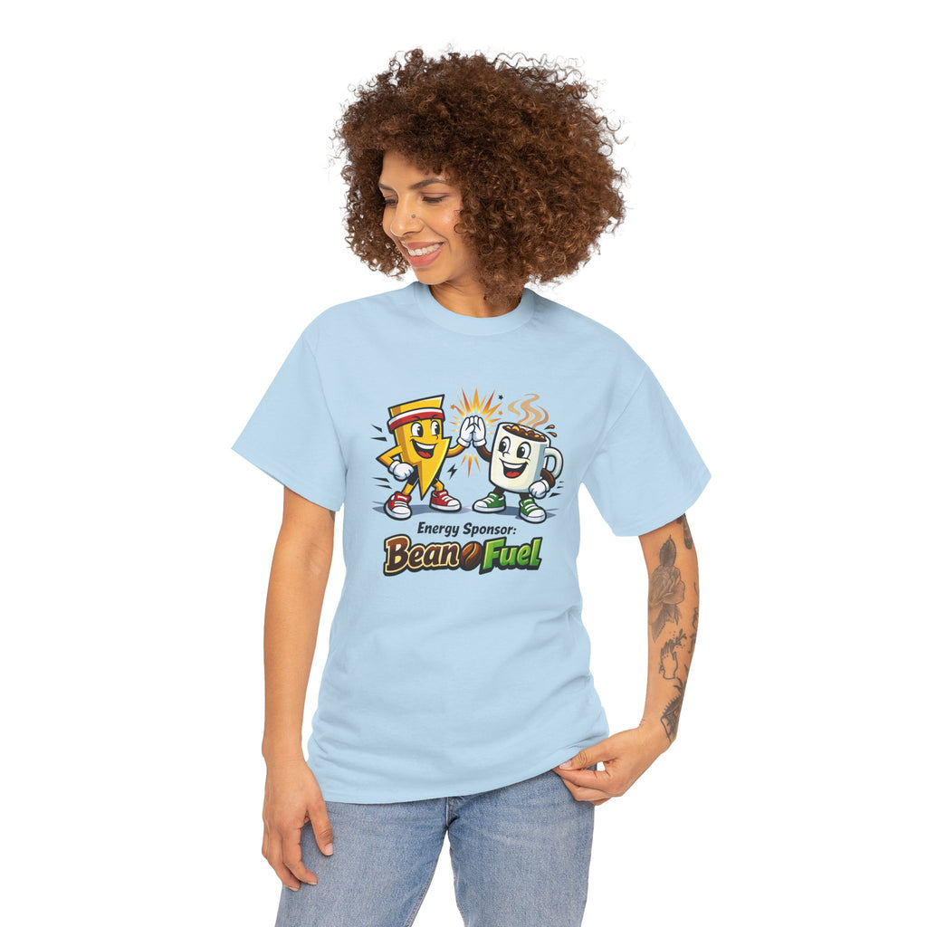 Athletic Energy T-Shirt — 'Energy Sponsor Bean Fuel' Coffee & LIghtning Cartoon Graphic Tee