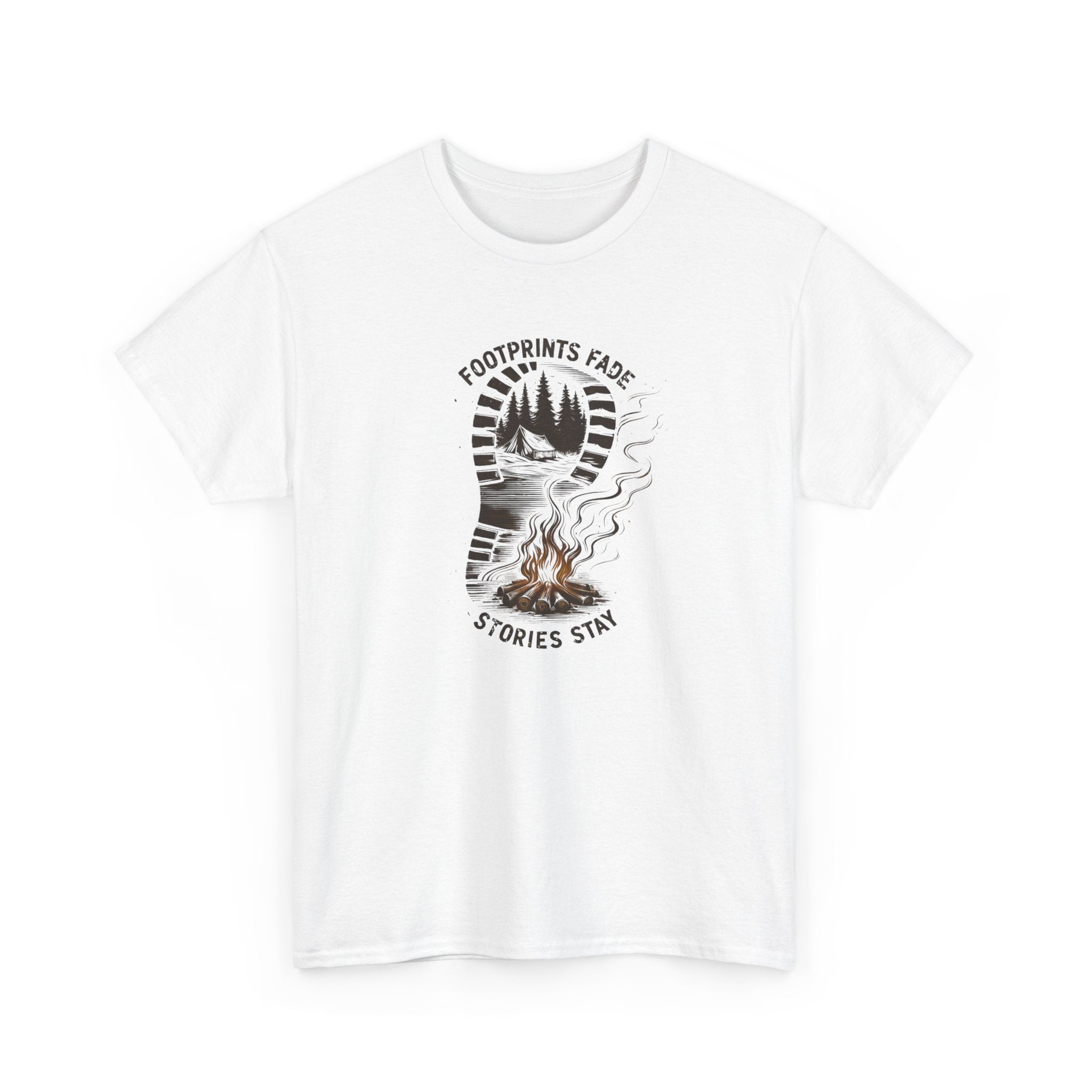 Campfire Adventure Tee — "Footprints Fade, Stories Stay" Outdoor Graphic Shirt