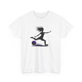 White t-shirt with a black silhouette of a person kicking a football soccer ball on a white background