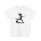White t-shirt with a black silhouette of a person kicking a football soccer ball on a white background
