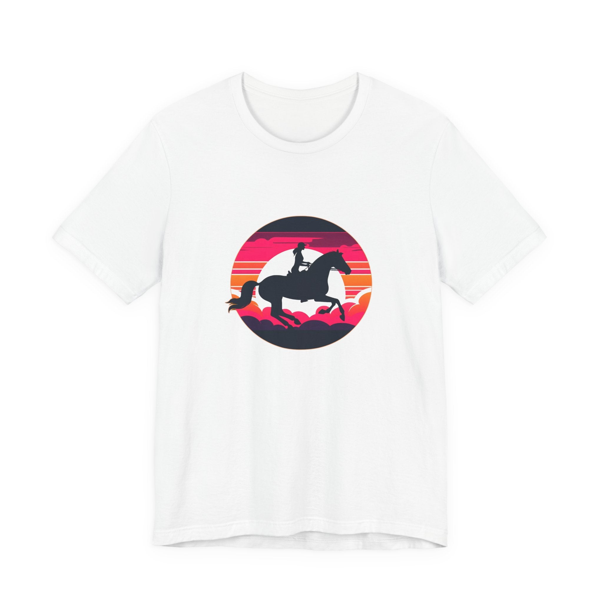 Silhouette of a rider on horseback against a vibrant retro sunset with pink and orange stripes and clouds, circular equestrian graphic art design.