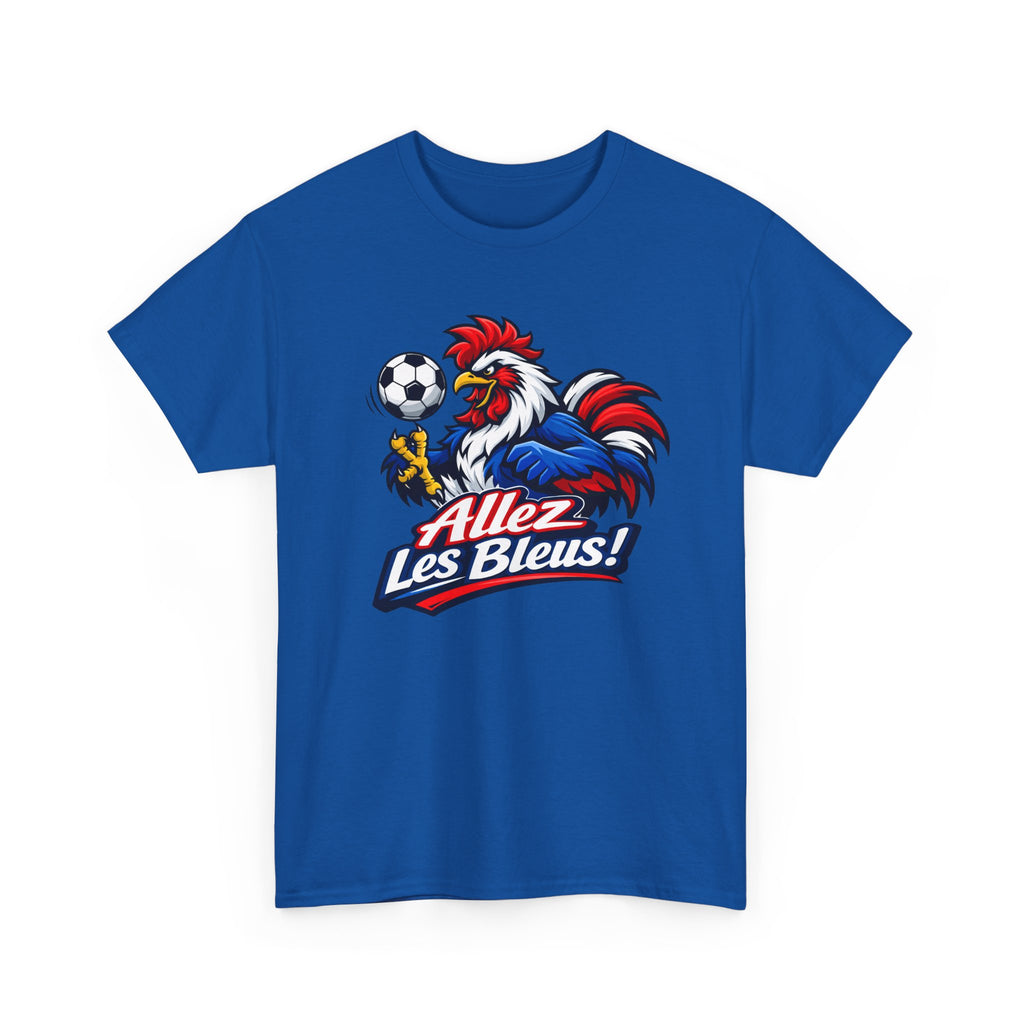 Blue t-shirt with a rooster graphic and 'Allez Les Bleus!' text on a white background