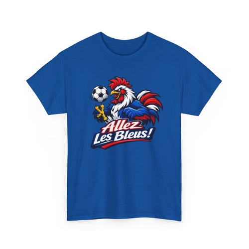 Blue t-shirt with a rooster graphic and 'Allez Les Bleus!' text on a white background
