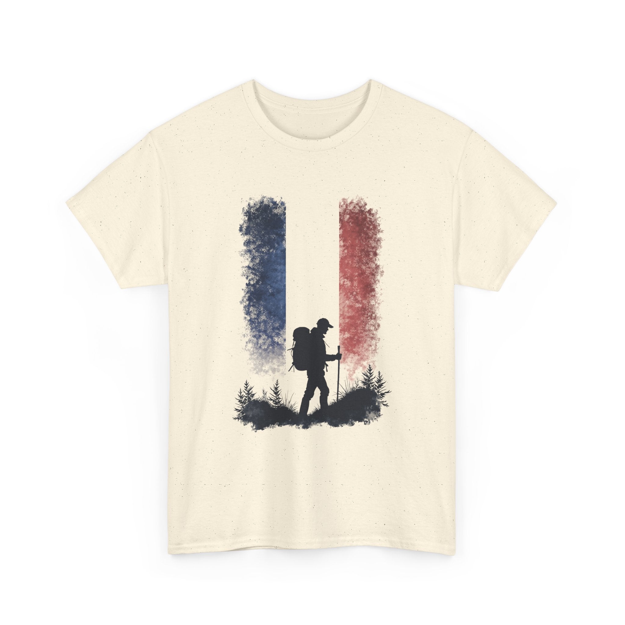 Beige t-shirt with a hiking silhouette design on a white background