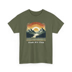 Green t-shirt with a mountain and sunset design and 'Fresh Air Club' text on a white background