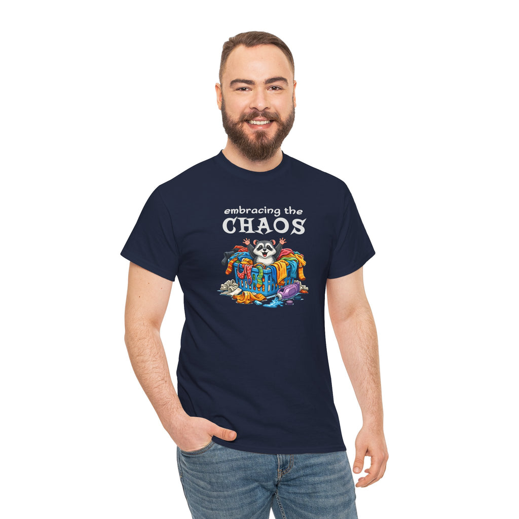 Embracing the Chaos T‑Shirt — Playful Raccoon & Messy Wardrobe Graphic Tee