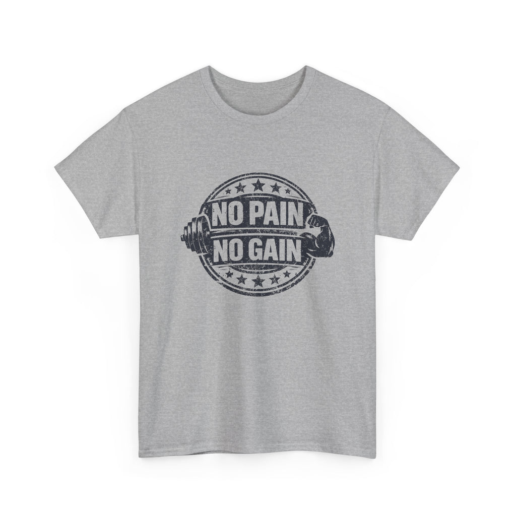 Gray t-shirt with 'No Pain No Gain' graphic on a white background