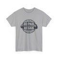 Gray t-shirt with 'No Pain No Gain' graphic on a white background
