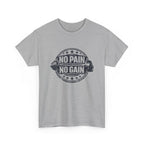 Gray t-shirt with 'No Pain No Gain' graphic on a white background