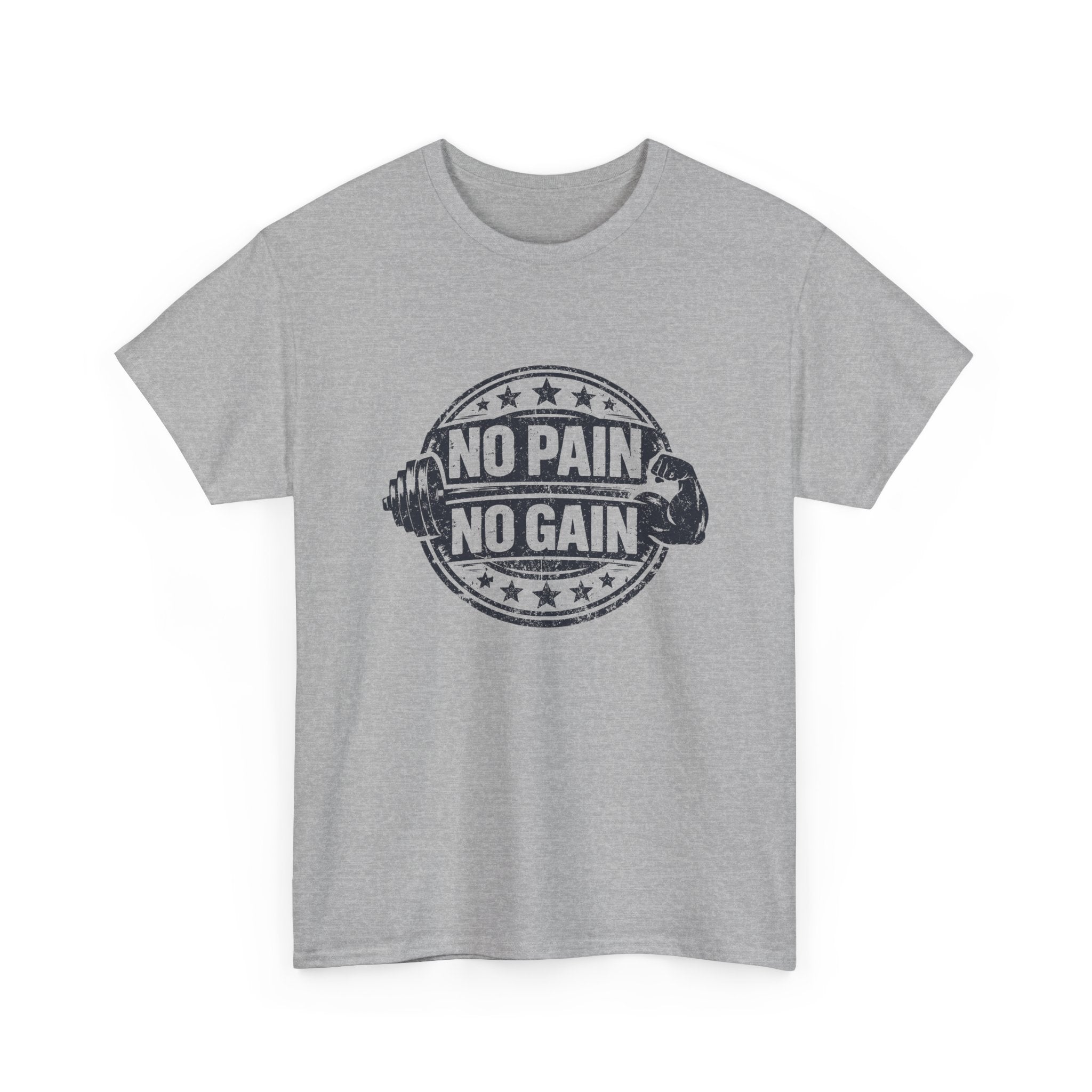 Gray t-shirt with 'No Pain No Gain' graphic on a white background