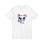 Adorable kawaii-style white kitten with huge sparkling eyes and glittery accents, cute fantasy cat illustration with pastel colors.