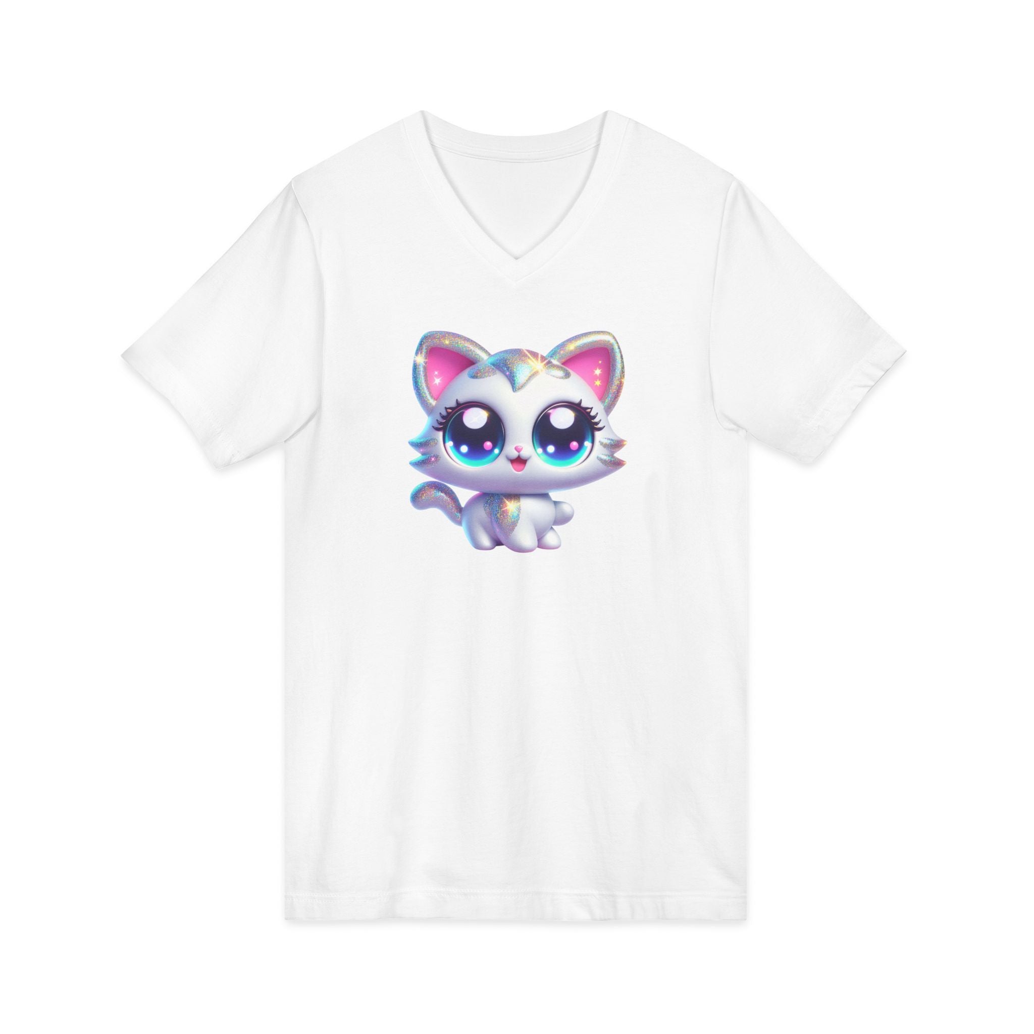 Adorable kawaii-style white kitten with huge sparkling eyes and glittery accents, cute fantasy cat illustration with pastel colors.