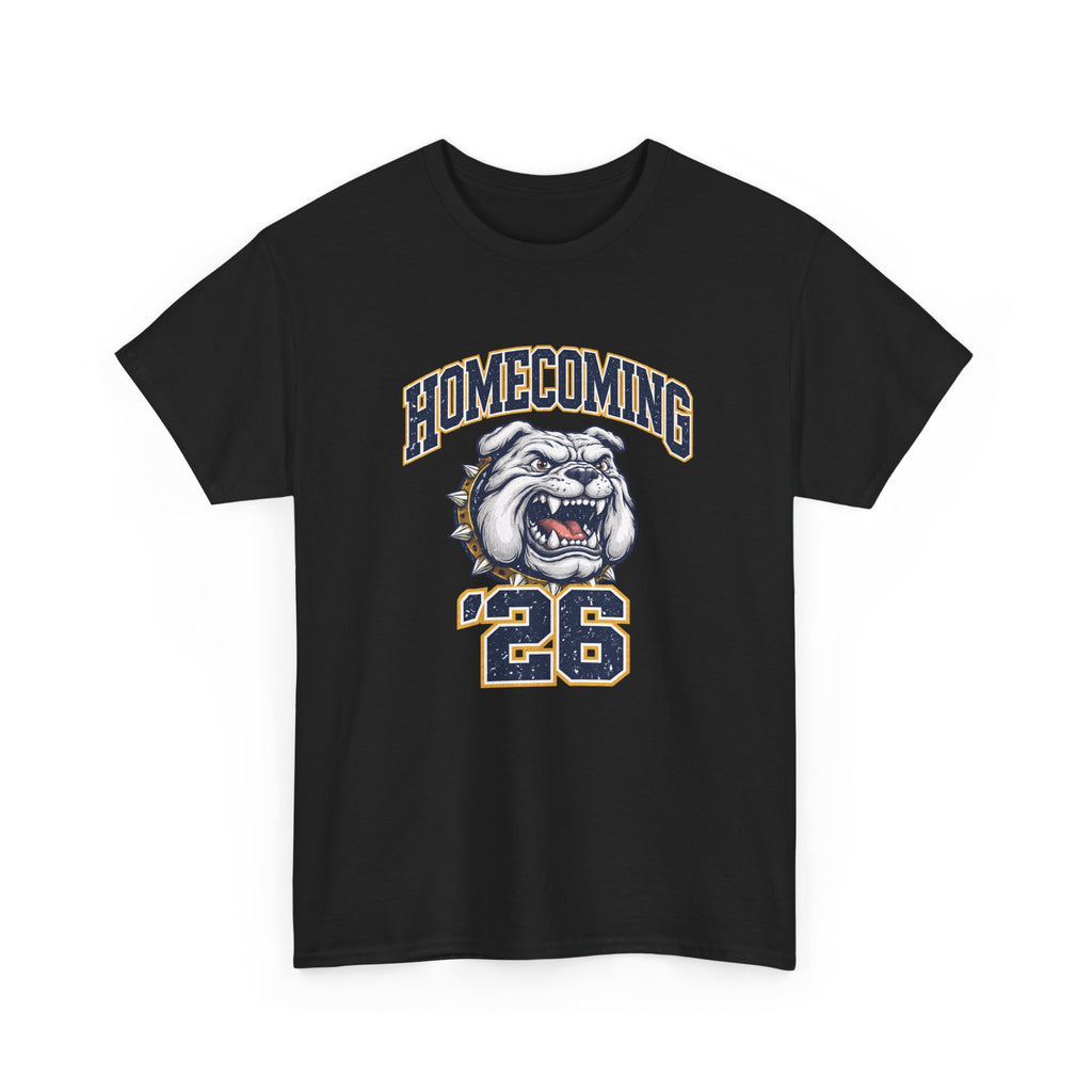 Black t-shirt with a bulldog graphic and 'Homecoming '26' text on a white background