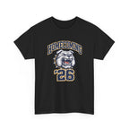 Black t-shirt with a bulldog graphic and 'Homecoming '26' text on a white background