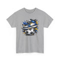 Gray t-shirt with a graphic of a soccer shoe and ball on a white background