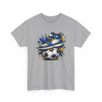 Gray t-shirt with a graphic of a soccer shoe and ball on a white background