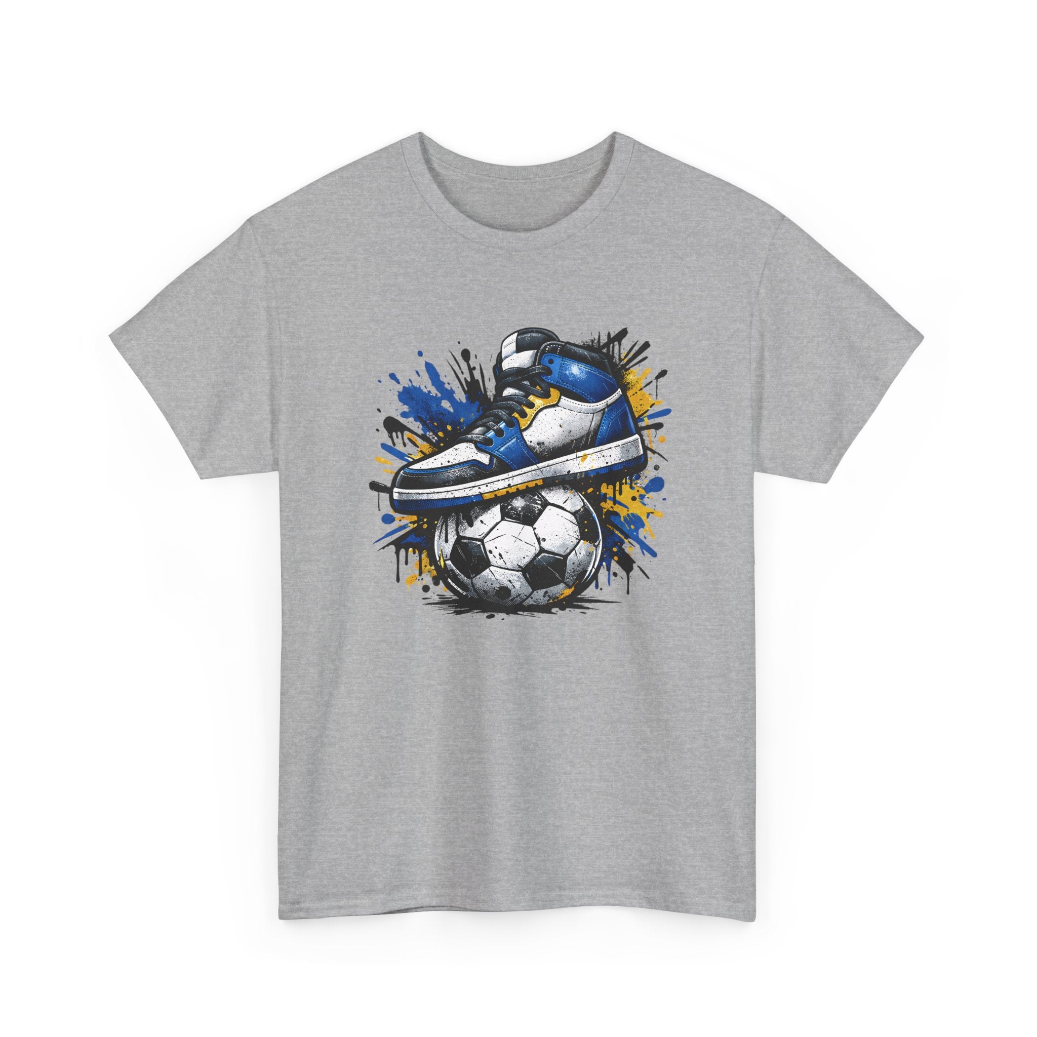 Gray t-shirt with a graphic of a soccer shoe and ball on a white background
