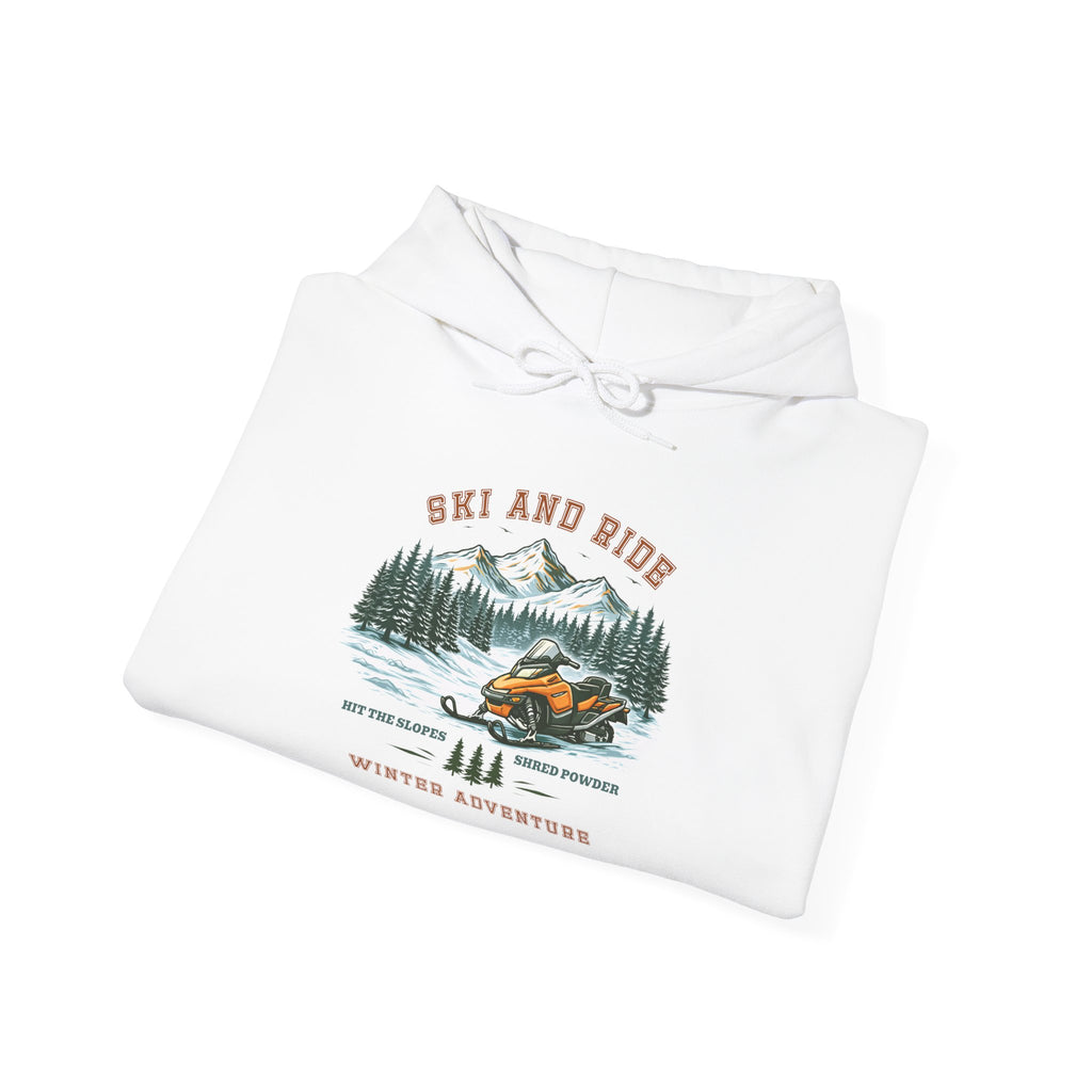Snowmobile Ski and Ride Hoodie — Vintage Mountain Winter Adventure Pullover