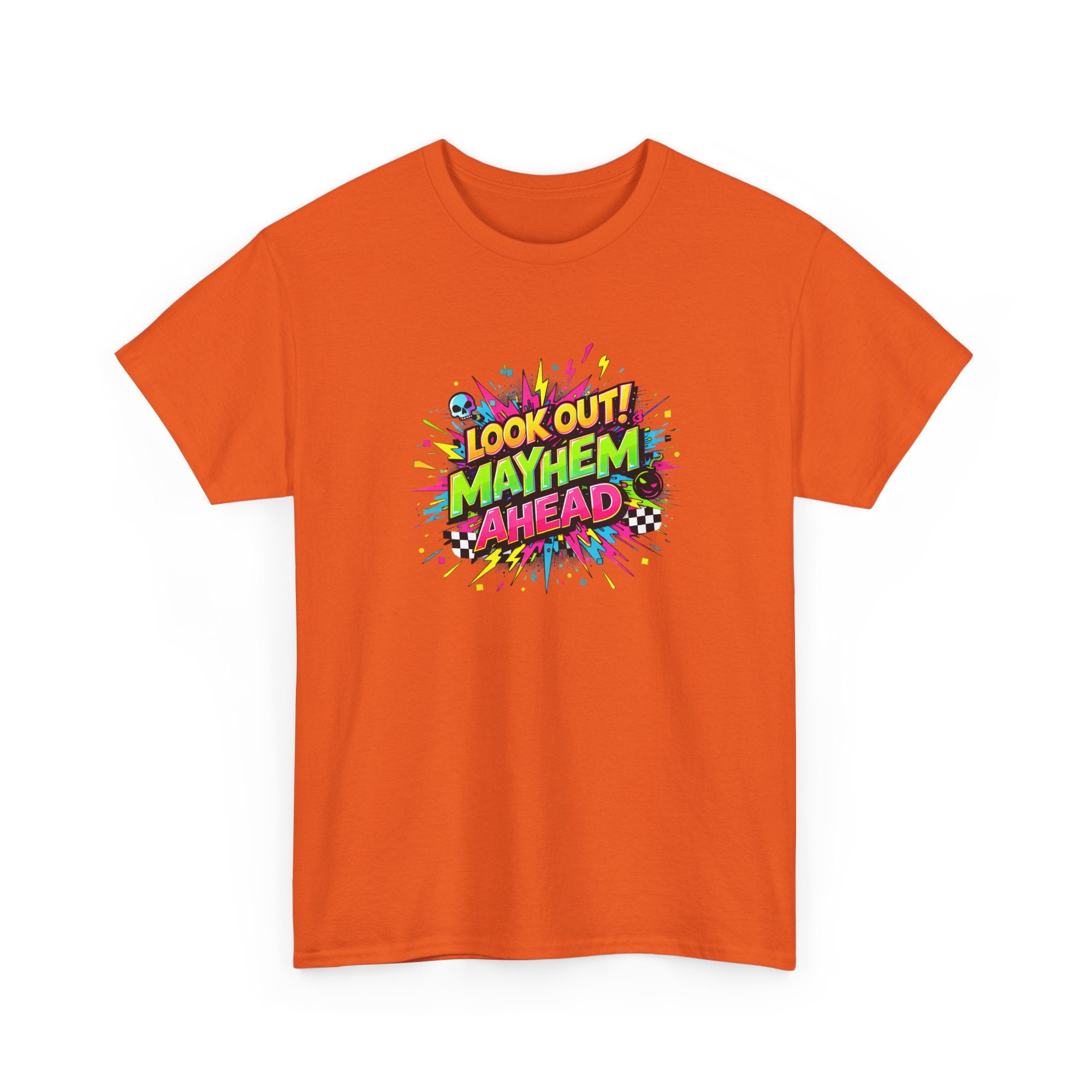 Look Out! Mayhem Ahead Graphic Tee — Colorful Retro Comic Humor Shirt