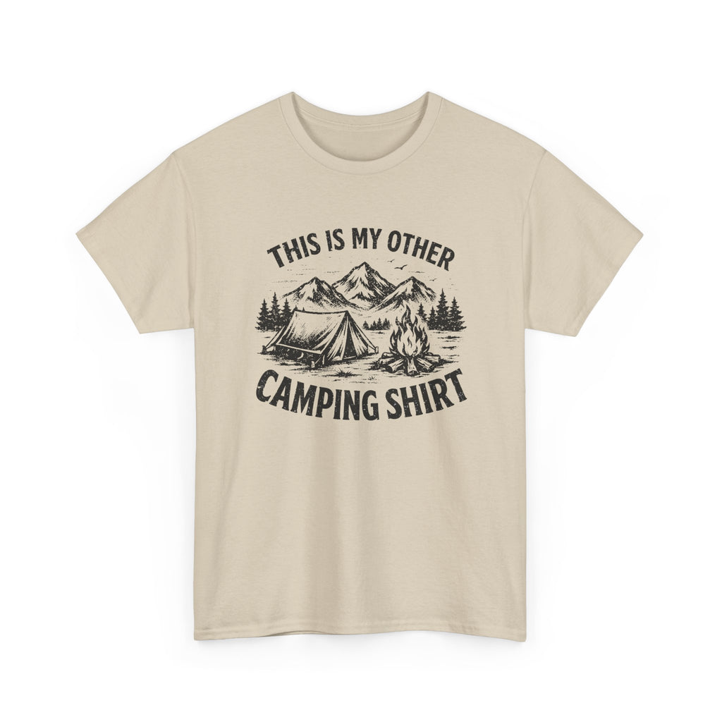 Beige t-shirt with camping graphic and text 'this is my other camping shirt' on a white background