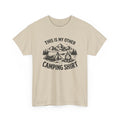 Beige t-shirt with camping graphic and text 'this is my other camping shirt' on a white background
