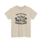 Beige t-shirt with camping graphic and text 'this is my other camping shirt' on a white background