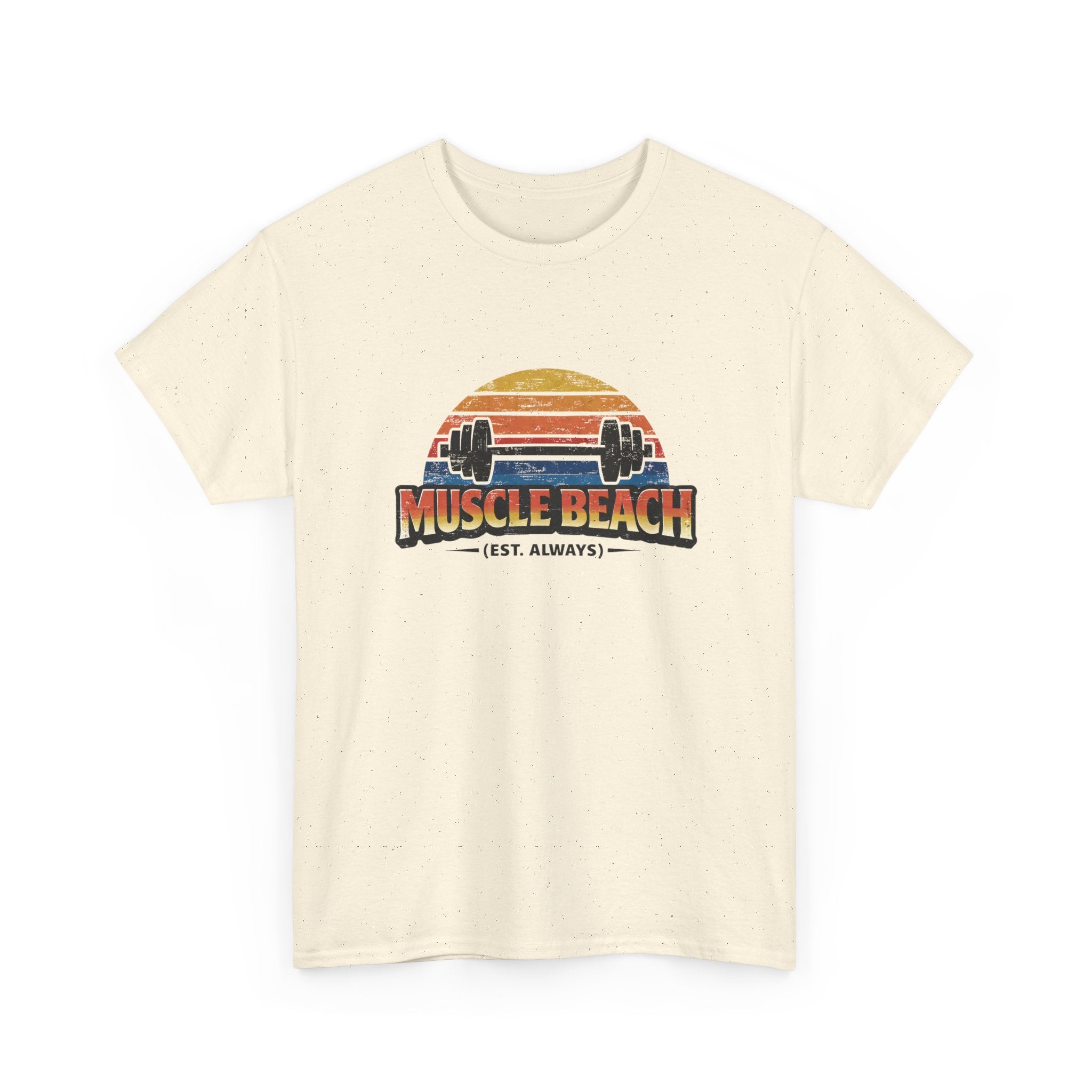 Retro Muscle Beach Tee – Vintage Sunset Barbell Fitness Shirt (Est. Always)