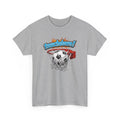 funny t-shirt with a graphic of a football in a basketball hoop and 'touchdown!' text on a white background