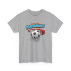 funny t-shirt with a graphic of a football in a basketball hoop and 'touchdown!' text on a white background