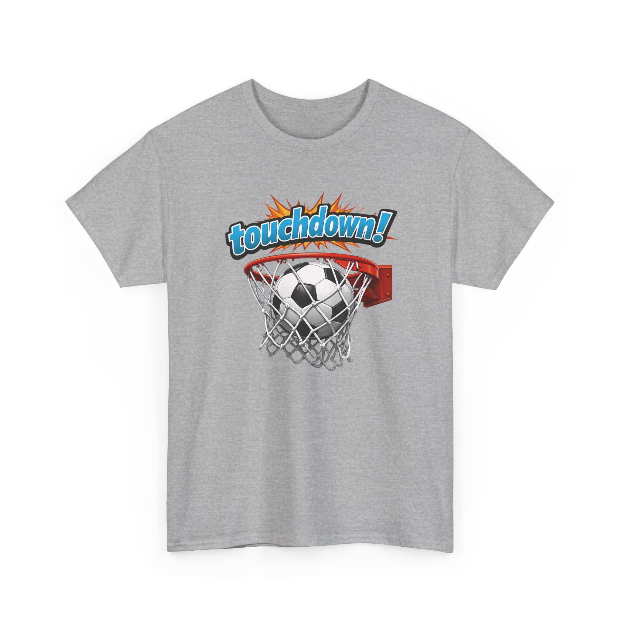 funny t-shirt with a graphic of a football in a basketball hoop and 'touchdown!' text on a white background