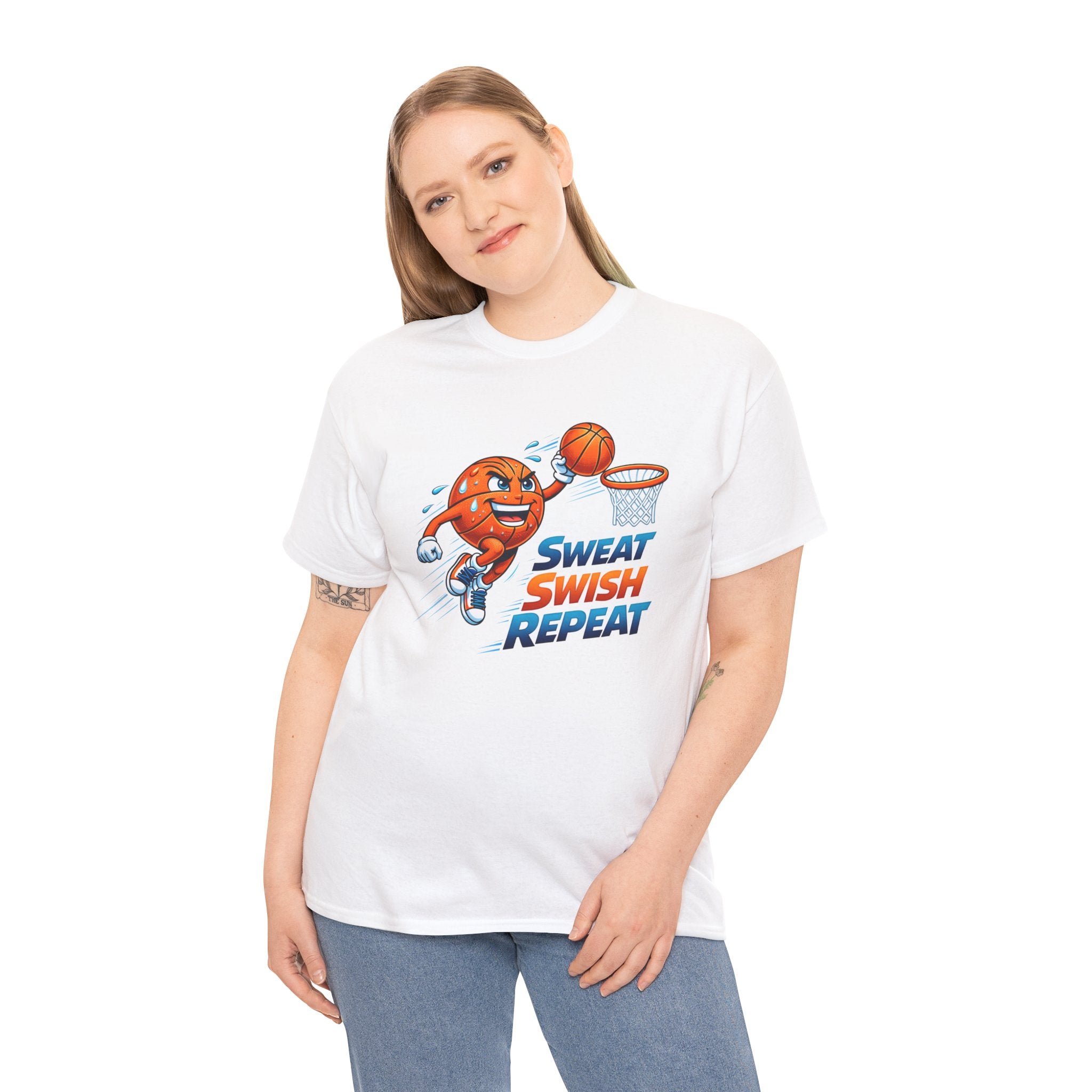 Sweat Swish Repeat Basketball T‑Shirt — Fun Hoop Cartoon Graphic Tee