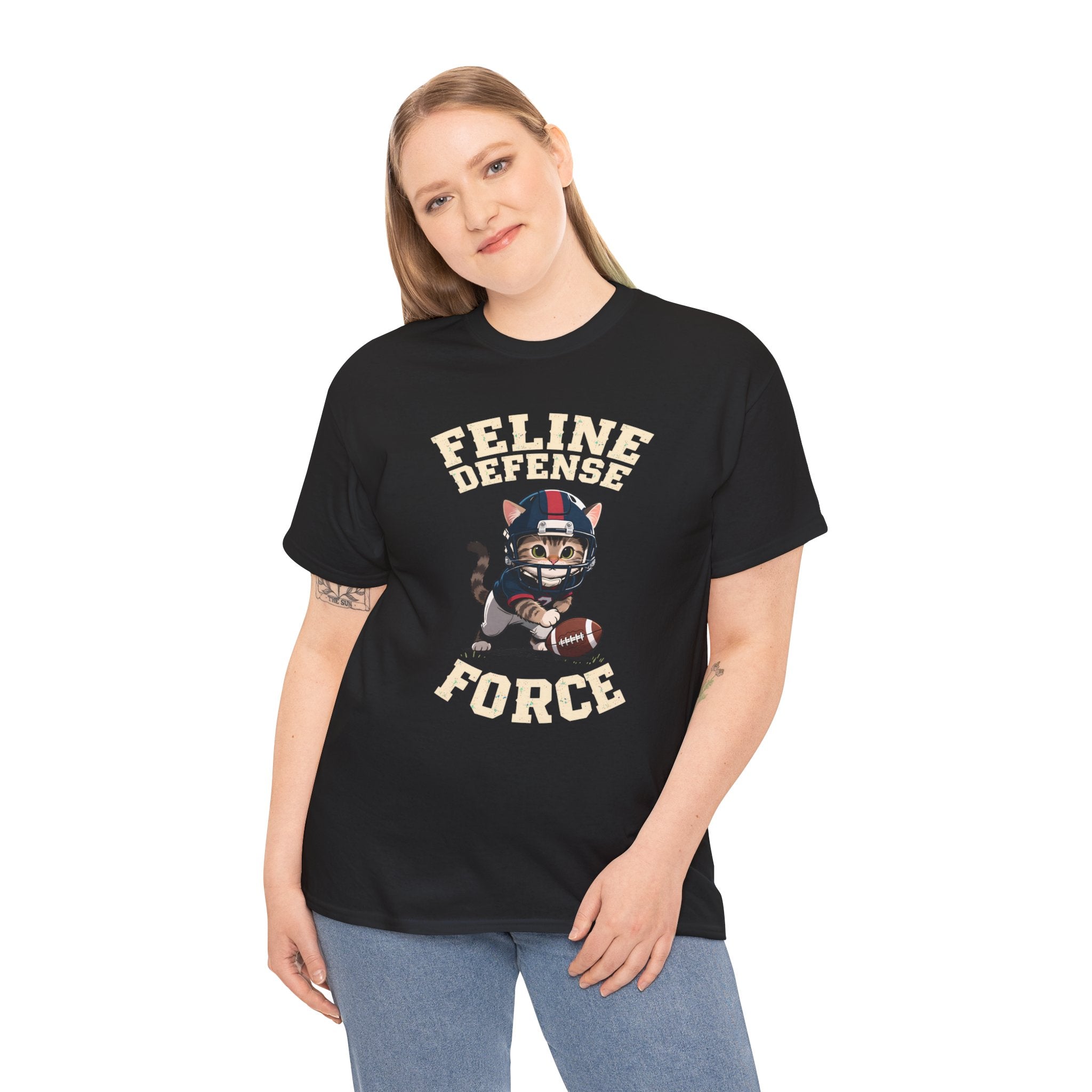 Feline Defense Force T-Shirt — Cute Football Cat Tee for Cat Lovers & Sports Fans