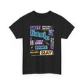 Black t-shirt with colorful text design of millennial slang on a white background