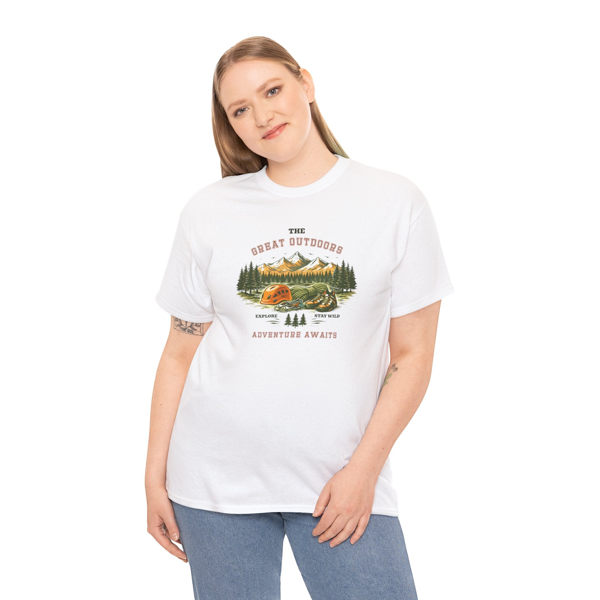 Rock Climbing Camping T-Shirt — "The Great Outdoors: Adventure Awaits" Graphic Tee
