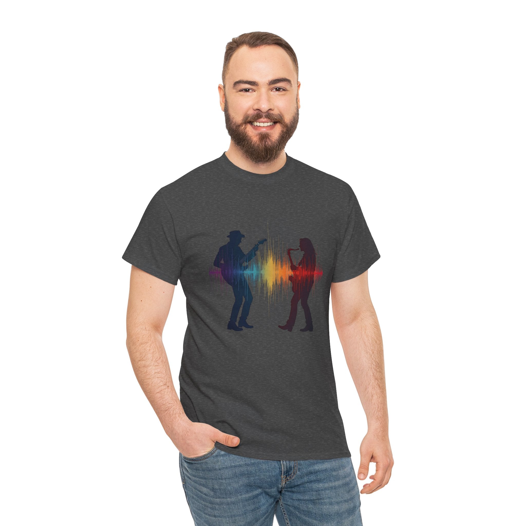 Music Lovers T‑Shirt – Guitarist & Singer Silhouette with Colorful Soundwave