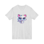 Kawaii Glitter Kitty V-Neck Tee — Cute Big-Eyed Cat Graphic Shirt