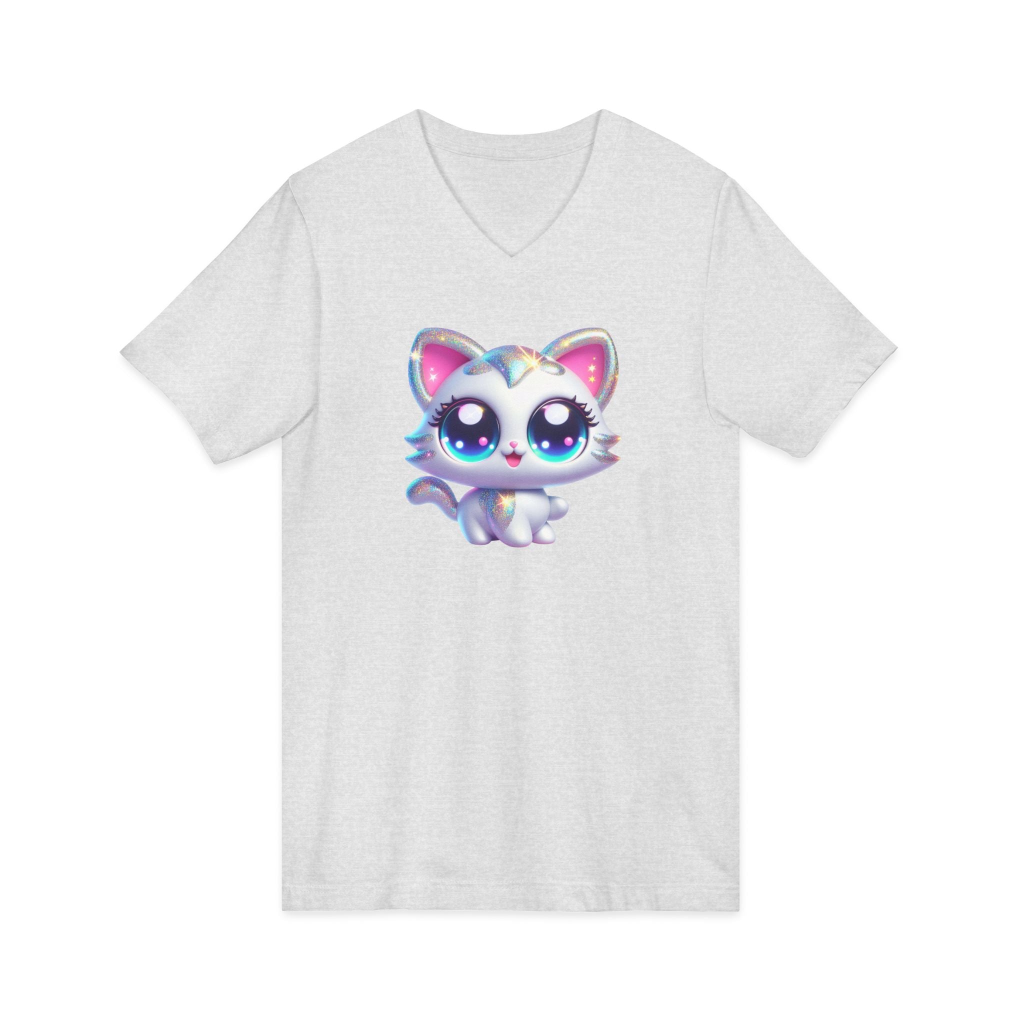 Kawaii Glitter Kitty V-Neck Tee — Cute Big-Eyed Cat Graphic Shirt