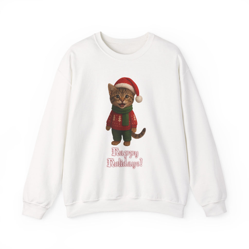 Cute Christmas kitten wearing a Santa hat and holiday sweater with the phrase ‘Happy Holidays’ — festive cat illustration.