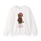Cute Christmas kitten wearing a Santa hat and holiday sweater with the phrase ‘Happy Holidays’ — festive cat illustration.