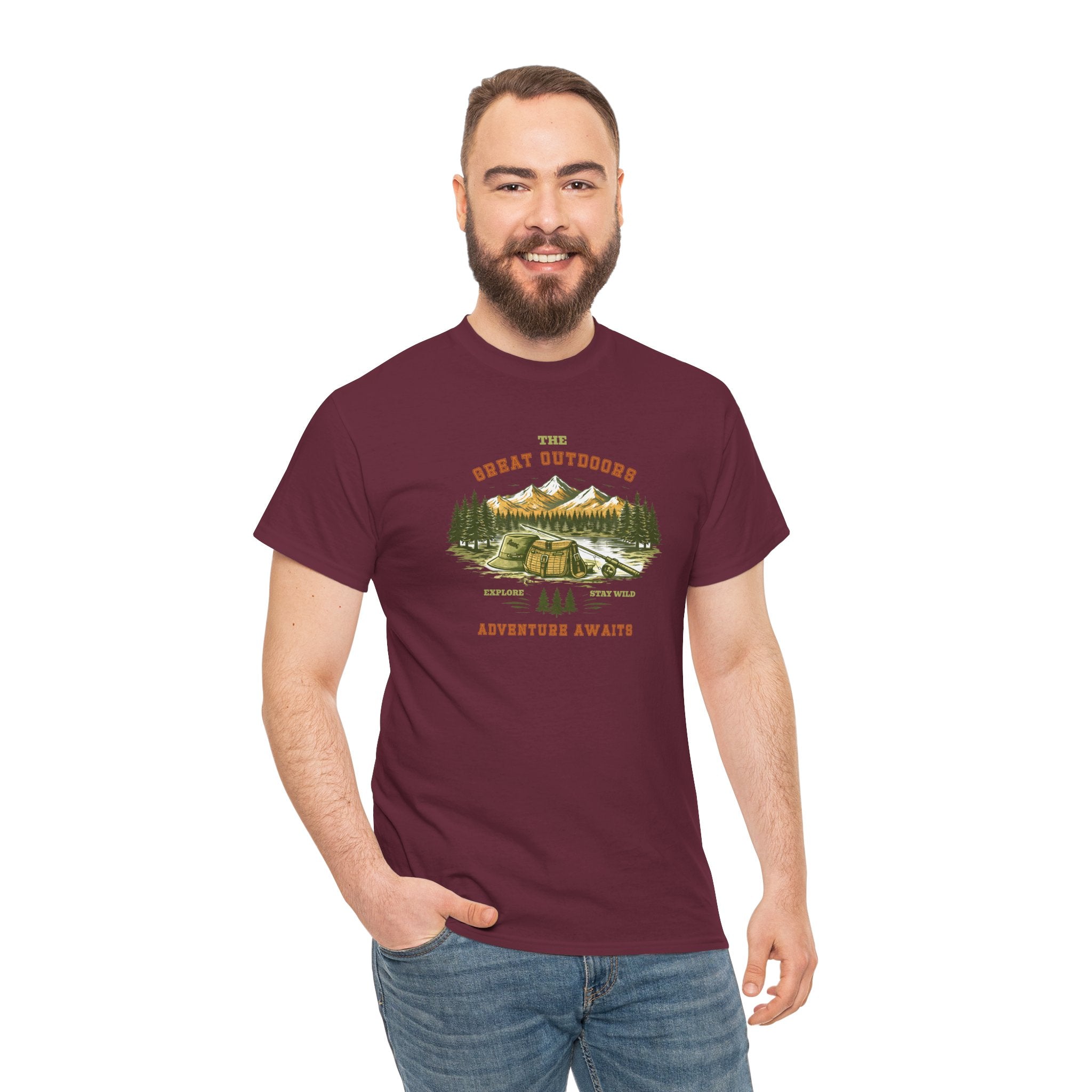 Fishing Camping T-Shirt — "The Great Outdoors: Adventure Awaits" Graphic Tee