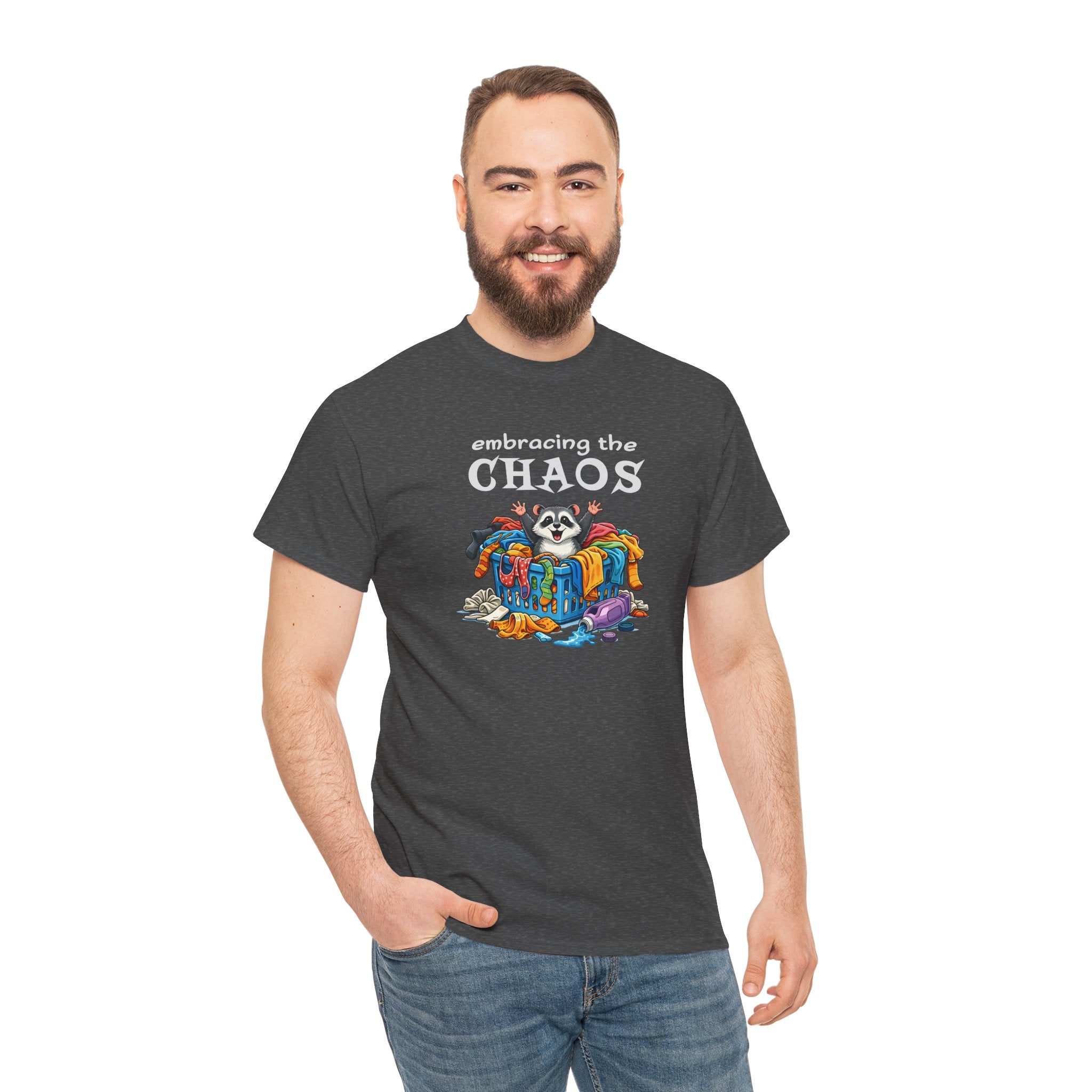 Embracing the Chaos T‑Shirt — Playful Raccoon & Messy Wardrobe Graphic Tee