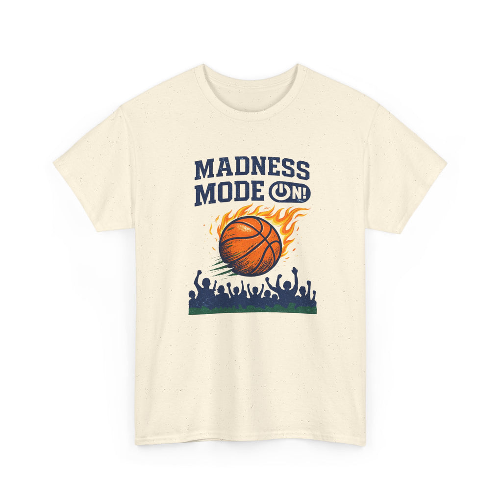 Beige t-shirt with basketball graphic and 'Madness Mode On' text on a white background